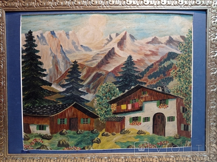 Antique painting House in the Bavarian Alps, oil, 45x37 cm, Germany., photo number 9