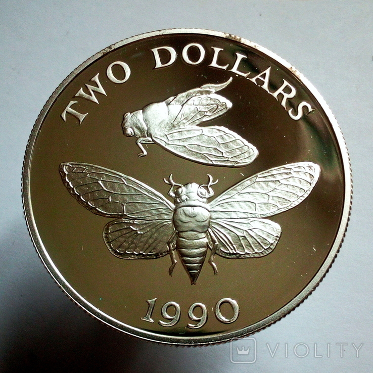 Бермуды 2 доллара 1990 г. - Цикада (пруф,серебро 925 пр.,28.28 гр.), фото №3