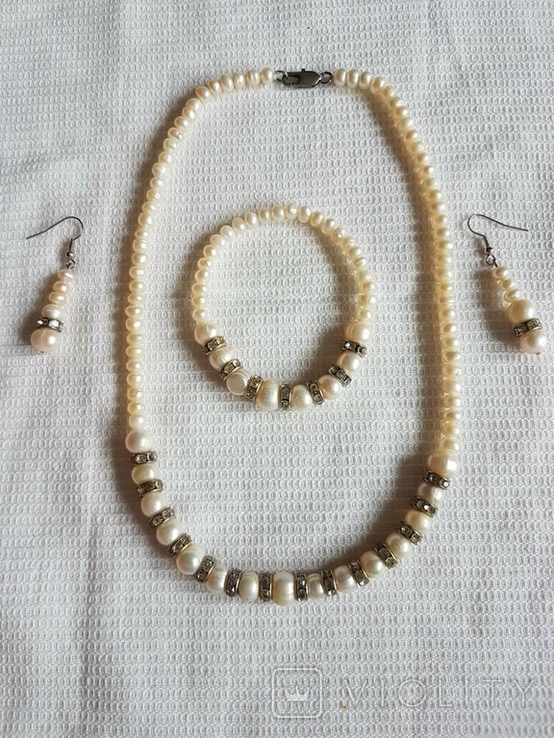 Набір натуральних перлів кольє браслет-сережки, фото №2