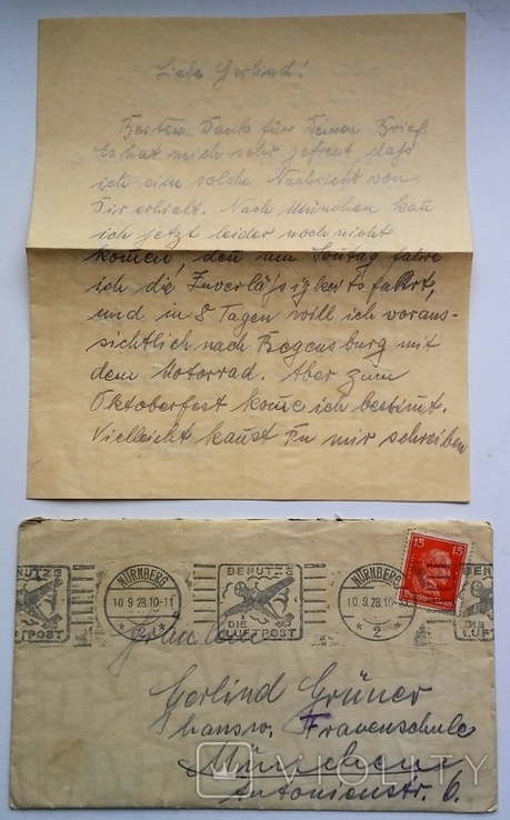 Конверт зі штампом авіапошта та лист (папір з водяними знаками)+марка, Німеччина, 1928 р., фото №3