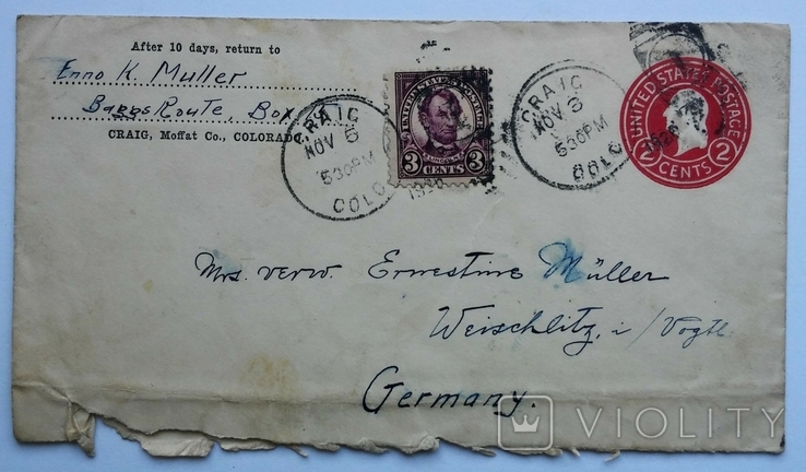 Поштовий конверт з маркою, США - Німеччина. Початок 20-го століття., photo number 2