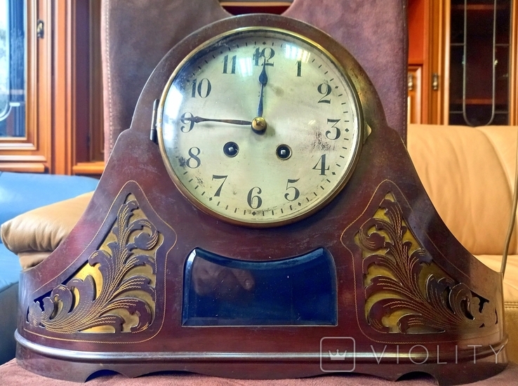 Hamburg Amerikanische Uhrenfabrik Antique Fireplace Clock with Battle Case Metal Germany, photo number 2