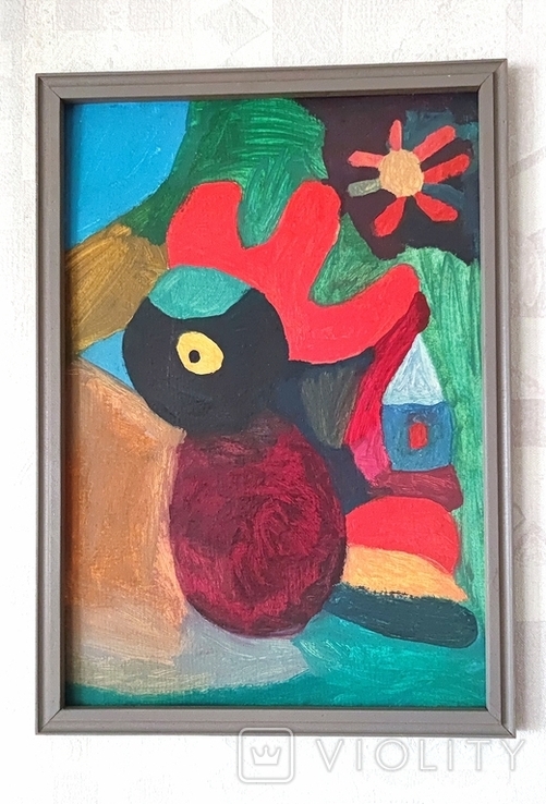Детская картина "Петушок". Грунт. картон, масло. 1987 год, фото №2
