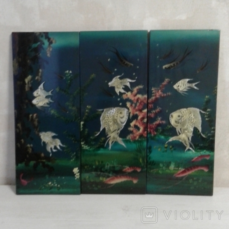 Panel triptych mother-of-pearl Seabed Painting on wood Fish Vintage Vietnam, photo number 2