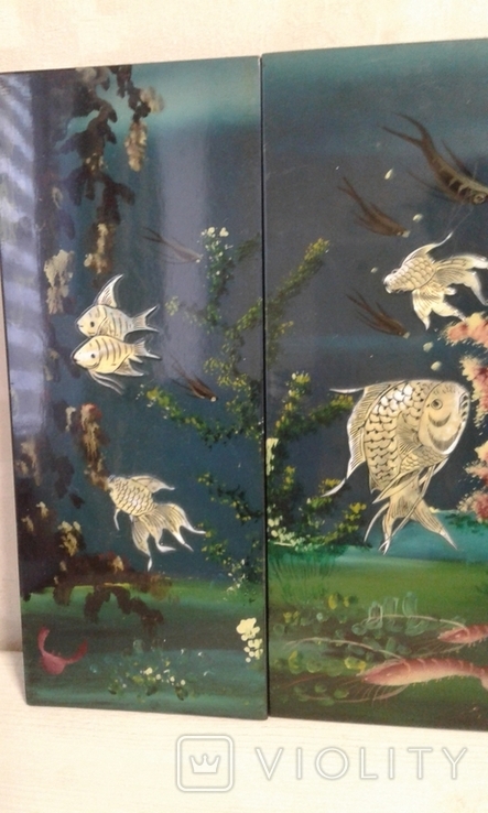 Panel triptych mother-of-pearl Seabed Painting on wood Fish Vintage Vietnam, photo number 3
