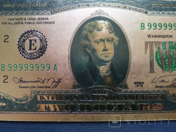 Сувенірна банкнота із золота США 2 долари - 2 долари (зразок 1976 р.), фото №4