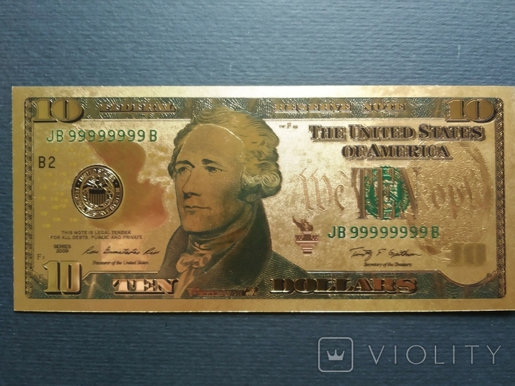 Золота сувенірна банкнота США 10 доларів - 10 доларів (зразок 2009 р.), фото №2