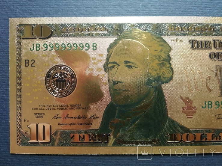 Золота сувенірна банкнота США 10 доларів - 10 доларів (зразок 2009 р.), фото №3