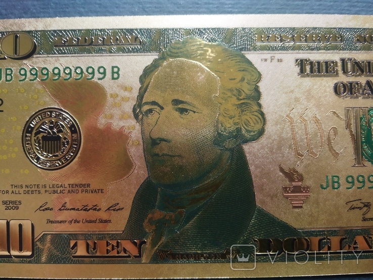 Золота сувенірна банкнота США 10 доларів - 10 доларів (зразок 2009 р.), фото №4