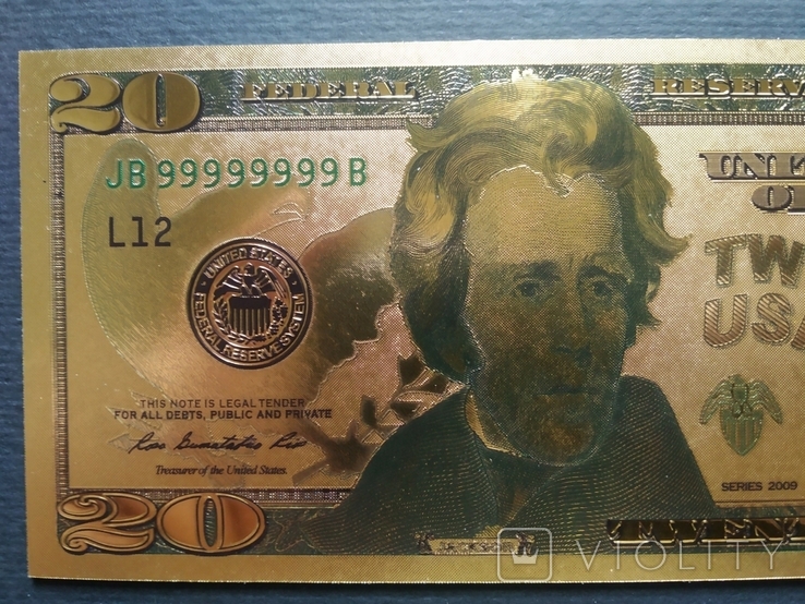 Сувенірна банкнота золота США 20 доларів - 20 доларів (зразок 2009 р.), фото №3