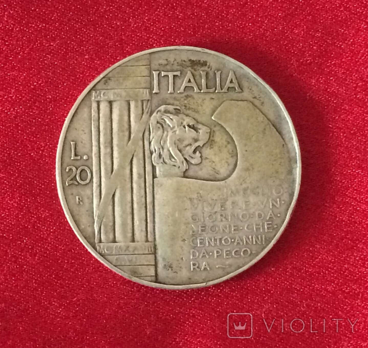 Колекційна монета 20 лір 1928 Італія, фото №3