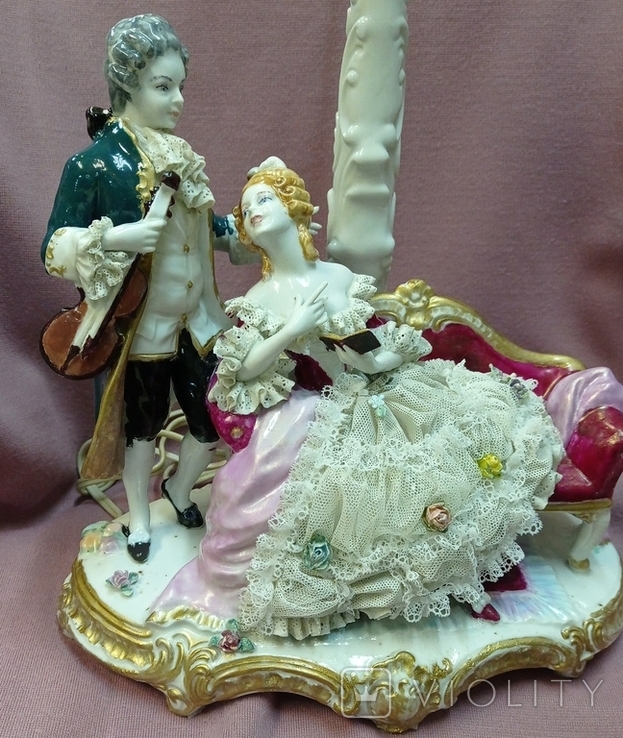 Antique statuette "Lady and Cavalier with Violin", 26 cm, UnterWeissBach, Germany
