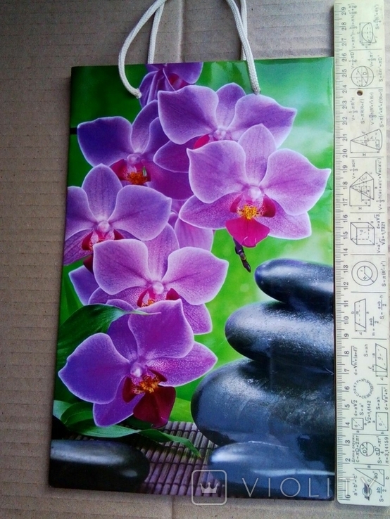 Подарочный пакетик с фиолетовыми орхидеями 16 * 26, фото №2