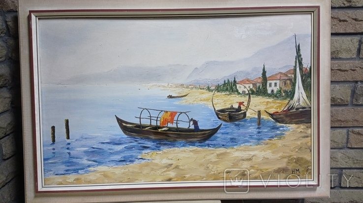  Antique painting "Venetian landscape", 80x50 cm, oil, H.M., from Germany. Original, photo number 4