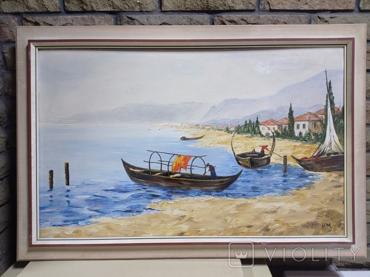  Antique painting "Venetian landscape", 80x50 cm, oil, H.M., from Germany. Original, photo number 7