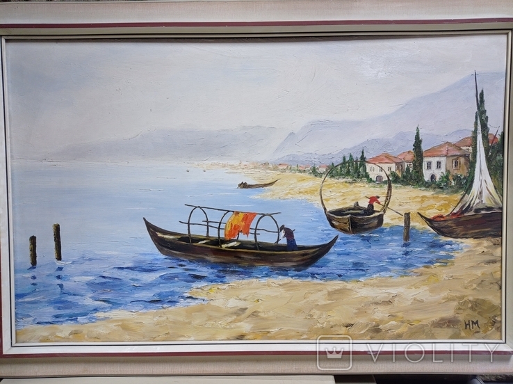  Antique painting "Venetian landscape", 80x50 cm, oil, H.M., from Germany. Original, photo number 9
