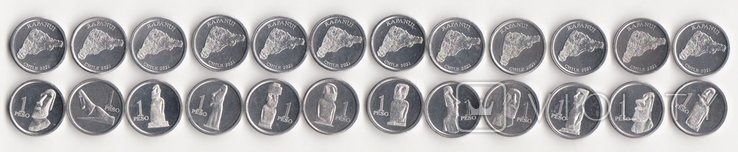 Easter Isl Easter Island 5 pcs x set of 12 coins x 1 Peso 2021 ( 2022 ) Aluminum Moai Statues, photo number 3