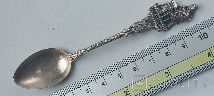 Souvenir coffee spoon, Brussels, la dentelliere (lacemaker), silver, ~13 grams