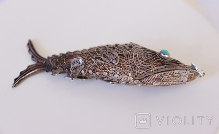 Pendant Carp Filigree Silver Turquoise Old China, photo number 4