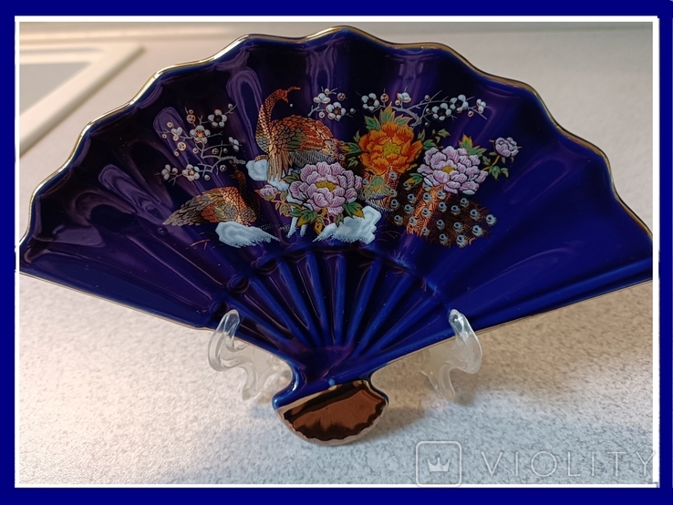 Japanese-style fan-shaped candy bowl, cobalt, gilding, hand-painted, vintage