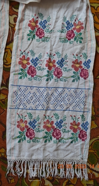 Towel embroidered in old Ukrainian "Roses and voloshki". Flax. Cross-stitch. 286x44 cm. No4, photo number 6