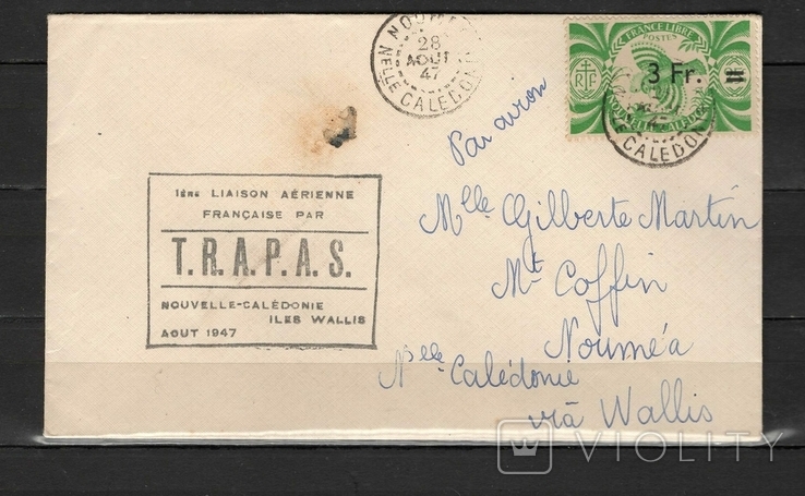 New Caledonia, 1947, envelope, air, trapas bird, fauna, colony of France (e), photo number 2