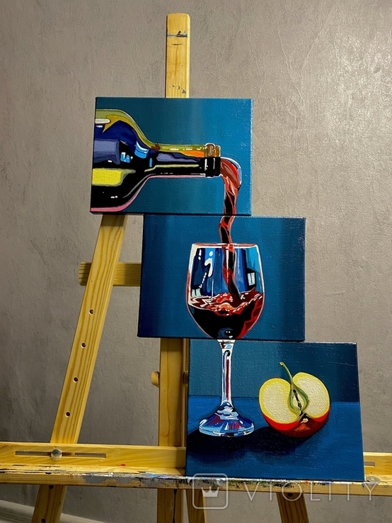 Wine and apple. Painting of three canvases