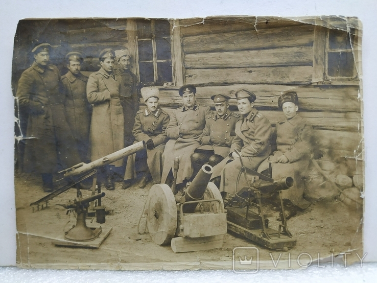 Photography. World War I. Soldiers, officers. Cannon mortar.