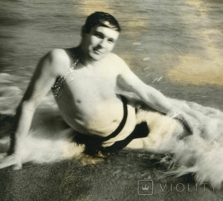 Man torso beach sea swimming trunks Feodosiya 1973