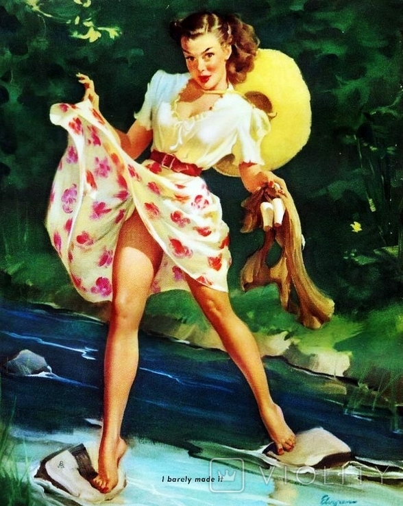 American pinup. A brown-haired woman crosses a stream over the stones.