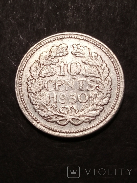 10 центов 1930г. Серебро. Королева Вильгельмина. Утрехт. Нидерланды., фото №2