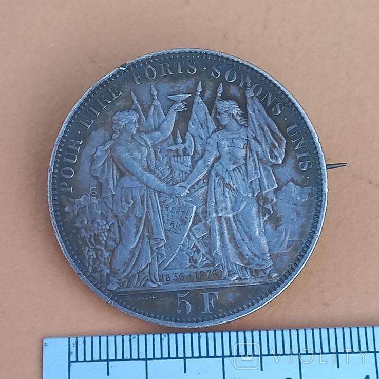Brooch of 5 franc coin Switzerland "Shooting Festival in Lausanne 1876", silver, photo number 2