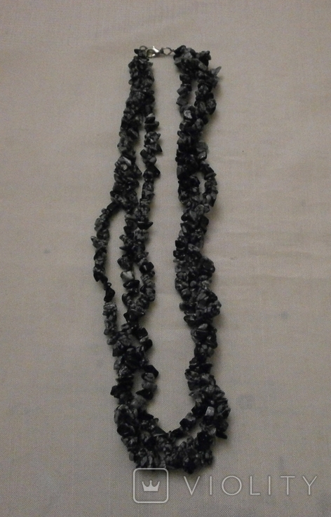 Трирядне намисто чорний-сірий агат., фото №2