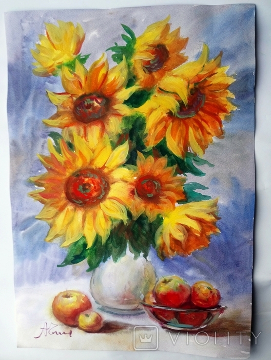 "Sunflowers". A. B. Chemodanov, still life. Watercolor, 30 by 42cm. Kharkov., photo number 2