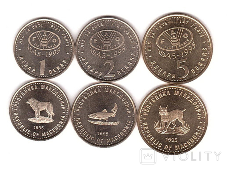 Macedonia Macedonia - 5 pcs x set of 3 coins 1 + 2 + 5 Denari 1995 FAO, photo number 3