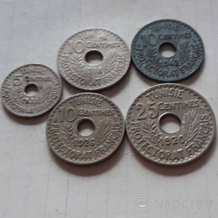 Туніс, 5 монет, сантими, 1918-1942 рік, нікель-бронза, фото №2