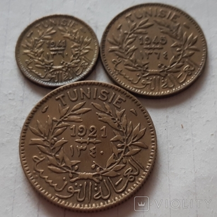 Туніс, 3 монети, сантими+франки, 1921-1946 рік, алюміній-бронза, фото №3