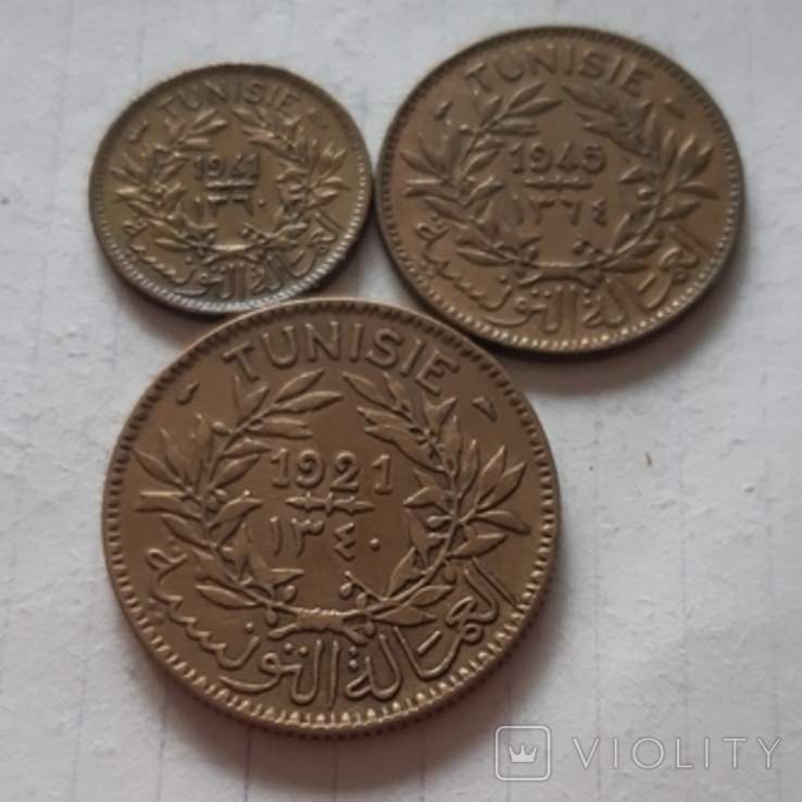 Туніс, 3 монети, сантими+франки, 1921-1946 рік, алюміній-бронза, фото №4