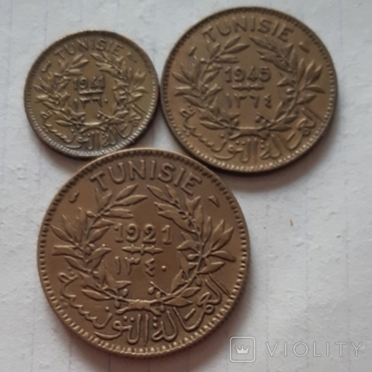 Туніс, 3 монети, сантими+франки, 1921-1946 рік, алюміній-бронза, фото №5
