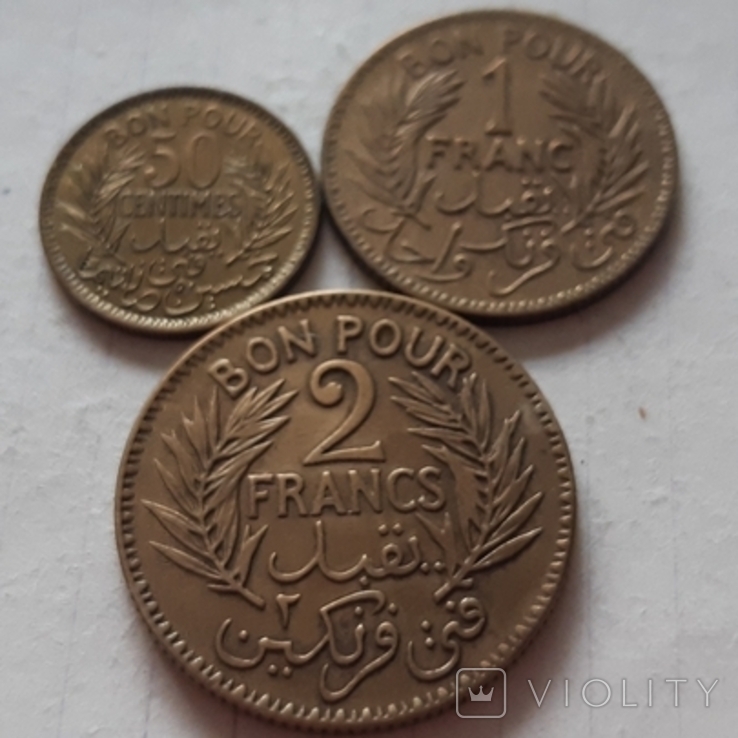 Туніс, 3 монети, сантими+франки, 1921-1946 рік, алюміній-бронза, фото №6