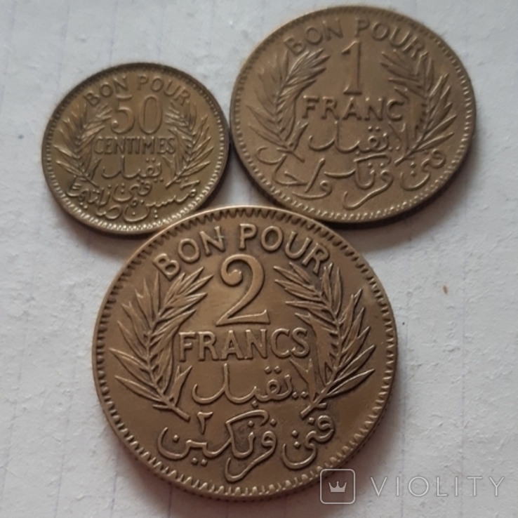 Туніс, 3 монети, сантими+франки, 1921-1946 рік, алюміній-бронза, фото №7