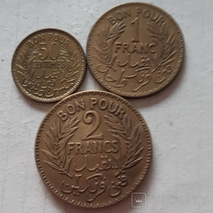 Туніс, 3 монети, сантими+франки, 1921-1946 рік, алюміній-бронза, фото №2