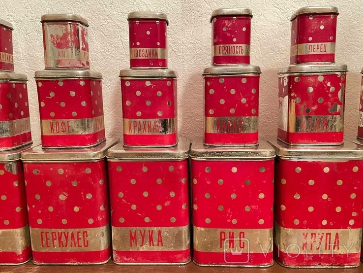 Полный комплект из 18 металлических красных контейнеров банок для кухни 1970-х годов, фото №3
