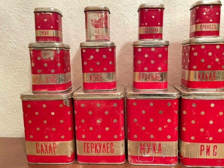 Полный комплект из 18 металлических красных контейнеров банок для кухни 1970-х годов, фото №4