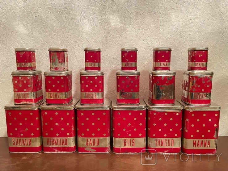 Полный комплект из 18 металлических красных контейнеров банок для кухни 1970-х годов, фото №5