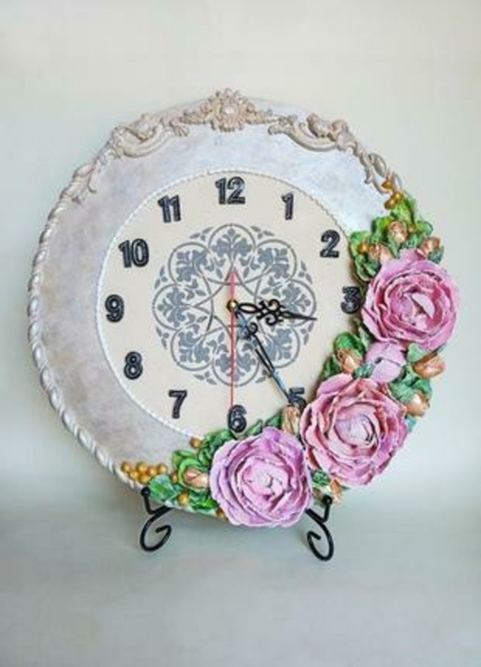 Объемные винтажные настенные часы с цветами пиона и розы,, фото №2