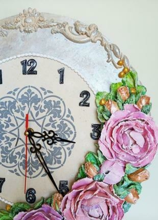 Объемные винтажные настенные часы с цветами пиона и розы,, фото №10