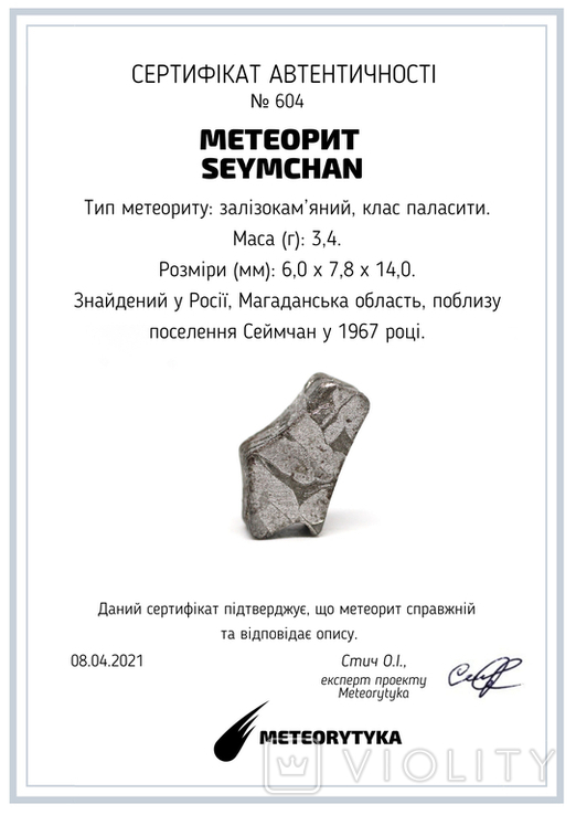 Заготовка-вставка з метеорита Seymchan, 3,4 г, із сертифікатом автентичності, фото №3