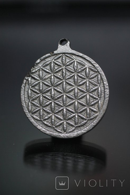 Двохсторонній круглий кулон з геометричним орнаментом "Квітка життя" із метеорита Aletai, фото №2