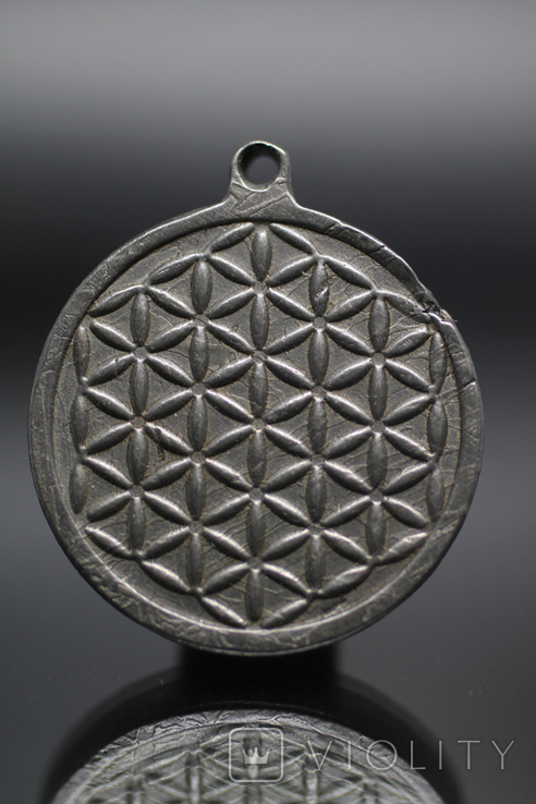 Двохсторонній круглий кулон з геометричним орнаментом "Квітка життя" із метеорита Aletai, фото №5